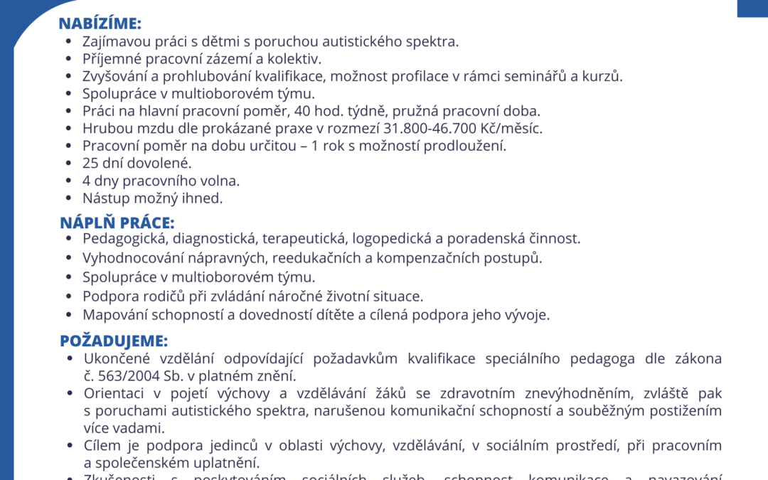 Nabídka pracovní pozice – speciální pedagog (SAS)
