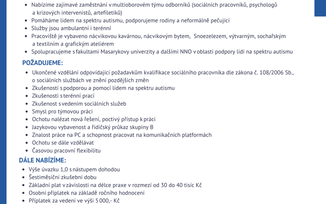 Nabídka pracovní pozice – vedoucí SORE, sociální pracovník