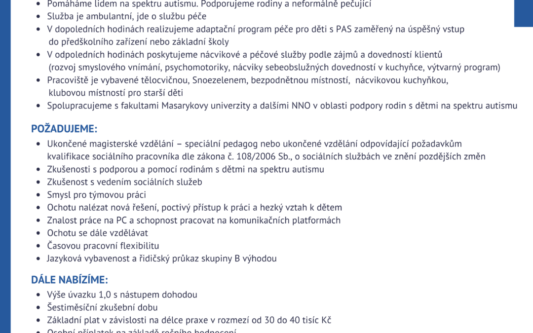 Nabídka pracovní pozice – vedoucí CDS, speciální pedagog nebo sociální pracovník